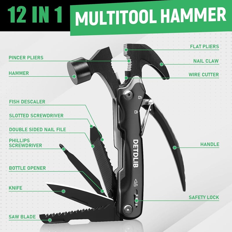 DETDLIB12-in-1 Multitool Hammer, Birthday Gifts for Men, Essential for Camping, Hiking, Cool Gadget Valentines Day Gifts for Him, Men, Husband, Dad, Father, Mechanic, Women, Black - Image 2